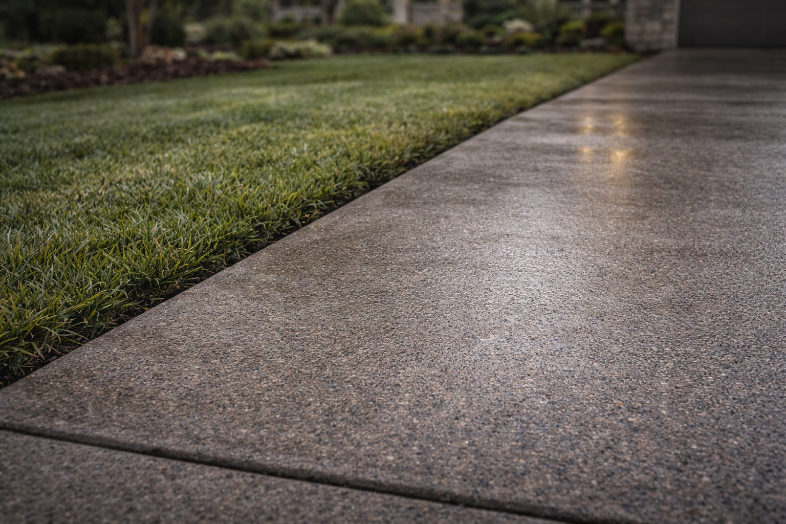 Clean concrete driveway edge meeting lawn and landscape