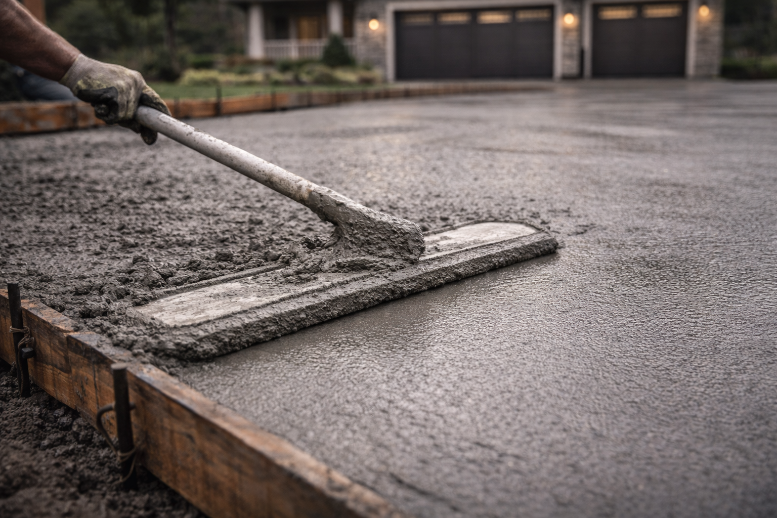 Concrete driveway being placed and finished during installation