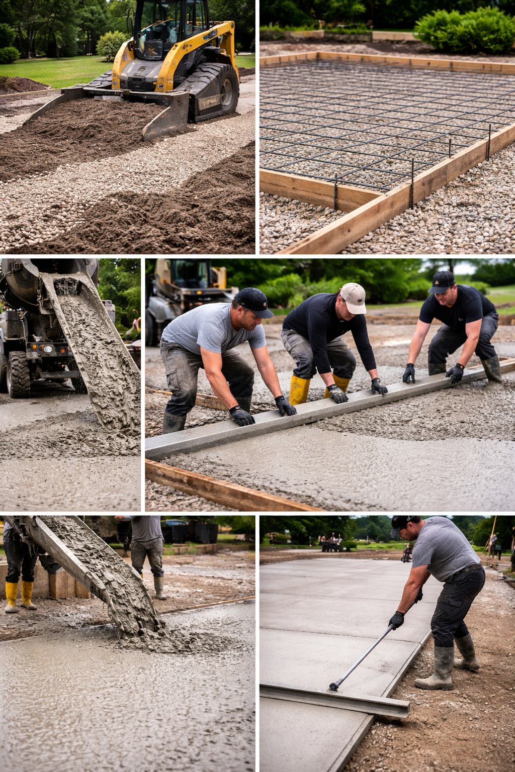 Driveway construction process showing grading, rebar, pour, screed, and finishing