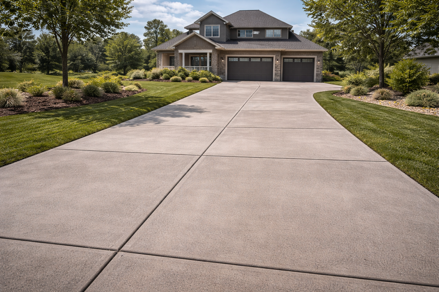 Straight residential concrete driveway at suburban home