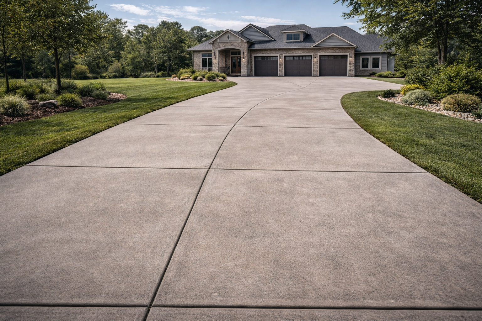 Large concrete driveway installation with expanded parking area