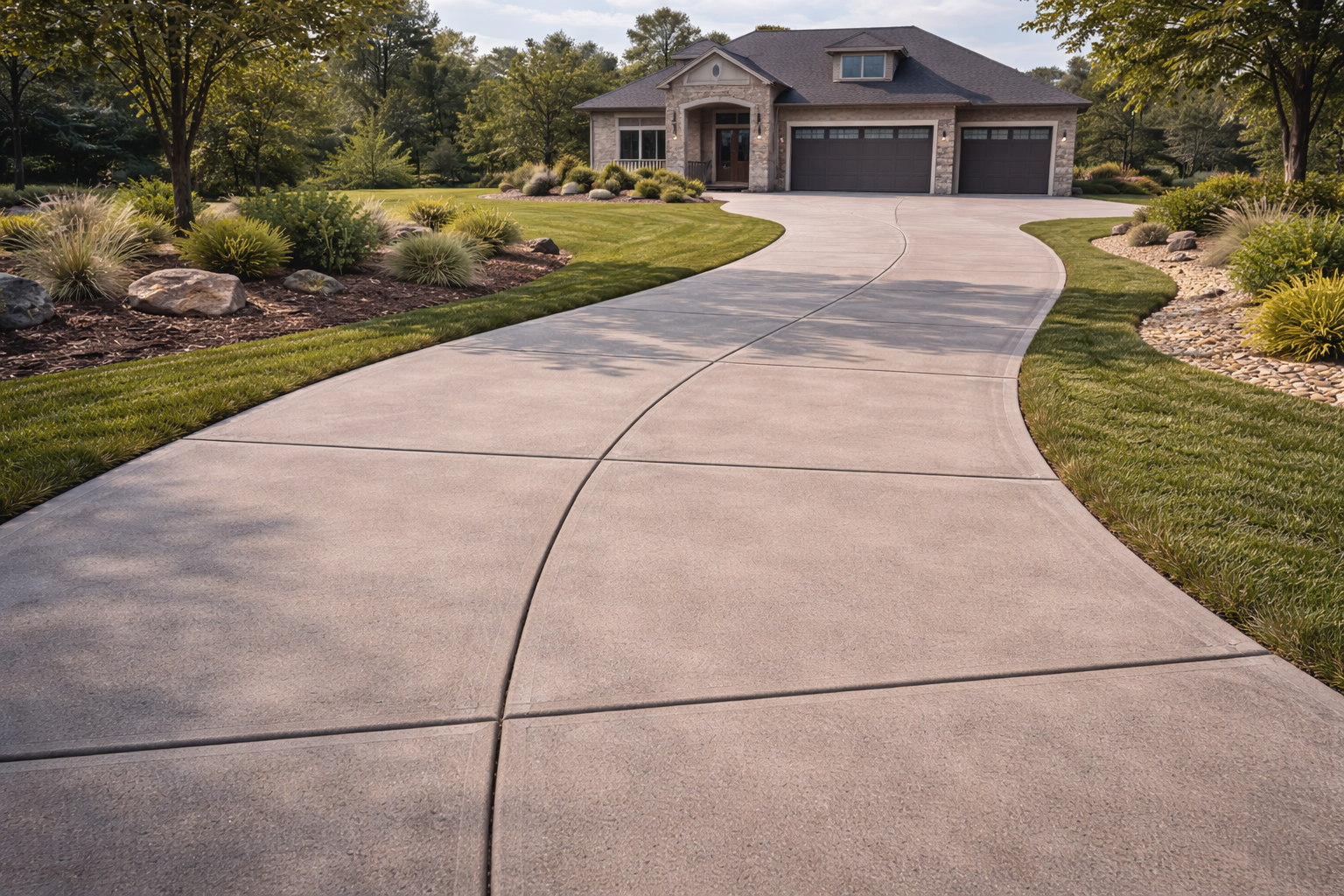 Curved residential concrete driveway with landscaped approach