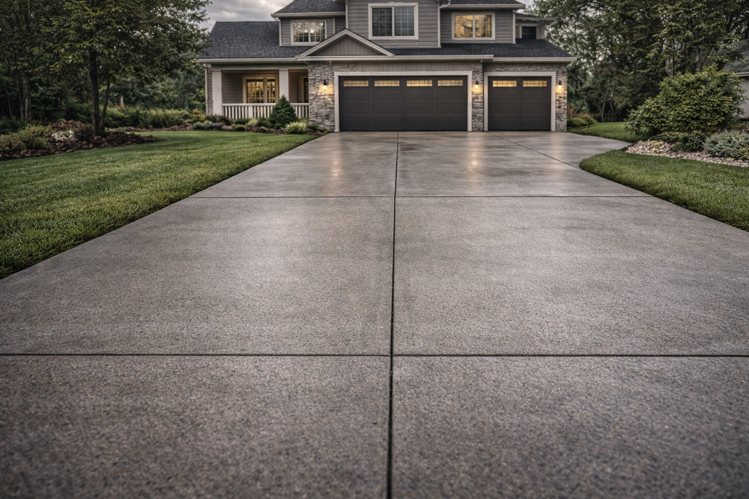 Standard broom-finish concrete driveway with clean joint layout
