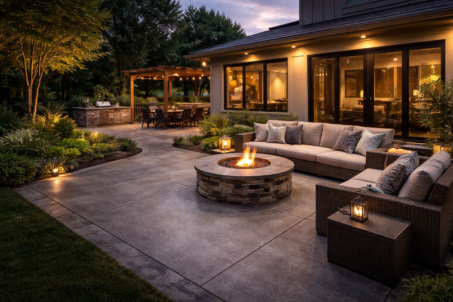 Concrete patio with fire pit, seating, and outdoor dining area by Masterset Concrete