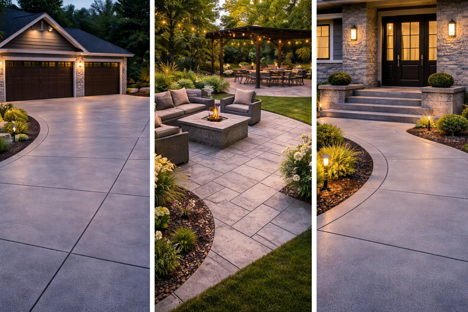 Residential concrete driveway with clean geometry and polished finish