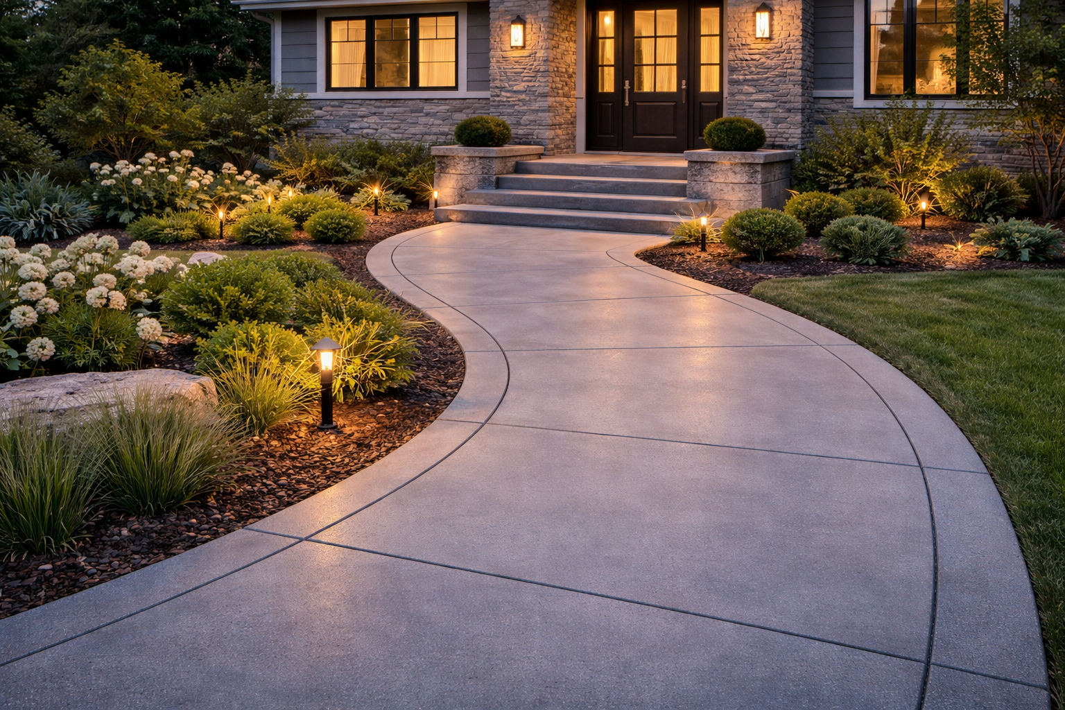 Residential concrete walkway and front entry with clean lines and polished landscaping