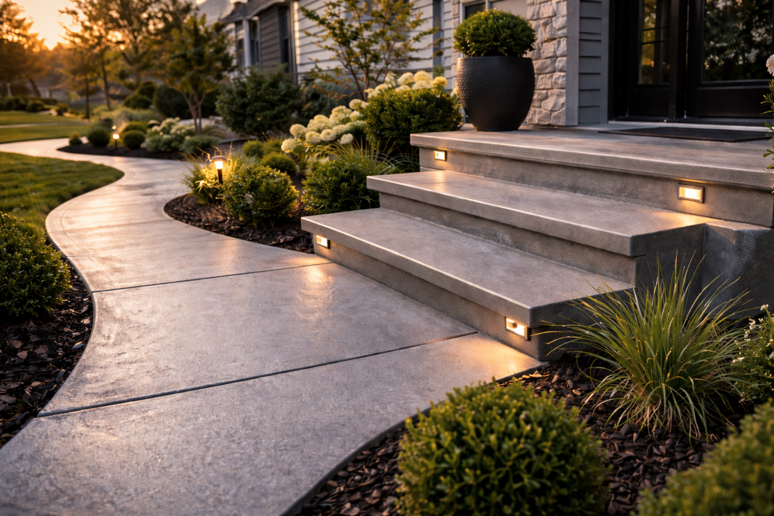 Concrete stairs and walkway with clean edges, lighting, and landscaped front entry